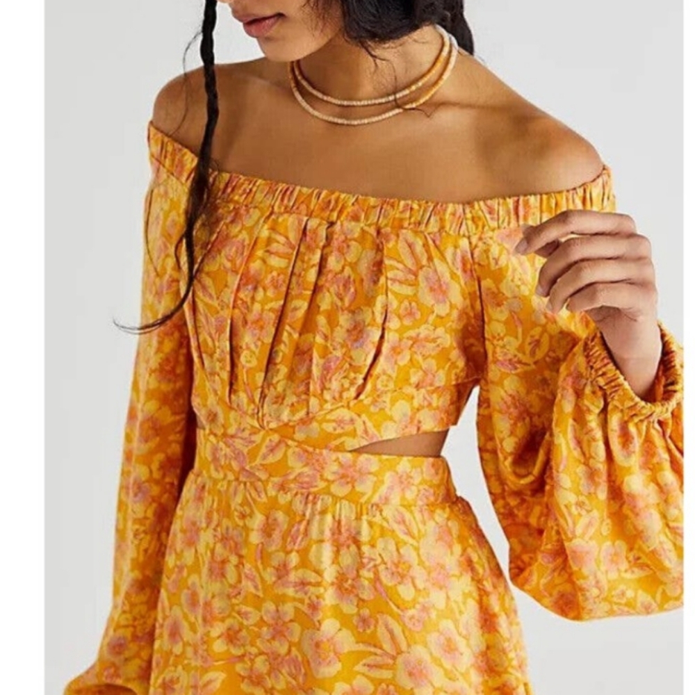 Free People Jael Mini Dress Women's M Yellow Floral Artsy Cottagecore Peasant - Picture 3 of 13